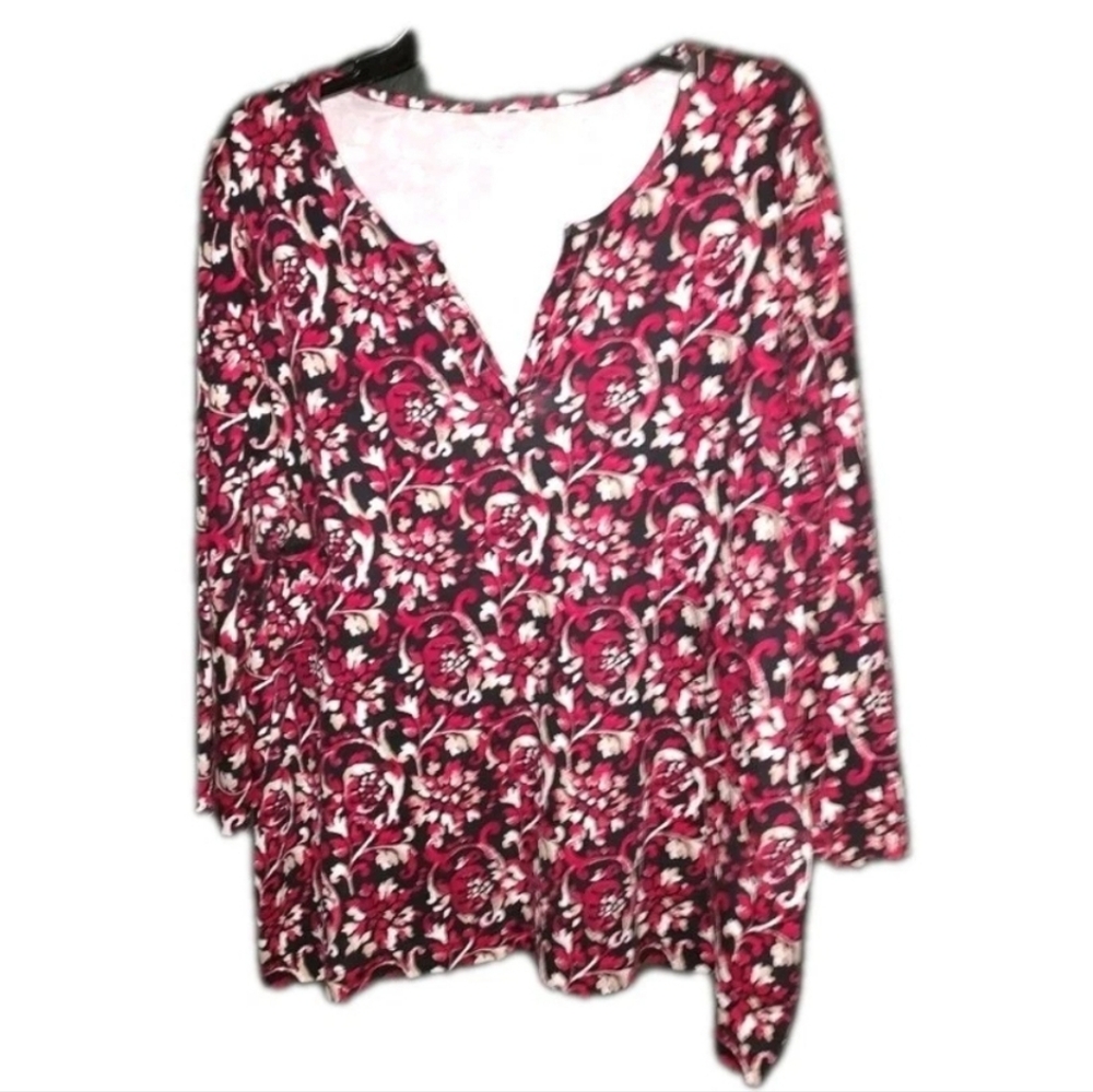 Kim Rogers 3/4 Sleeve 2X Floral Print V-Neck 100% Cotton Multicolored Outdoor